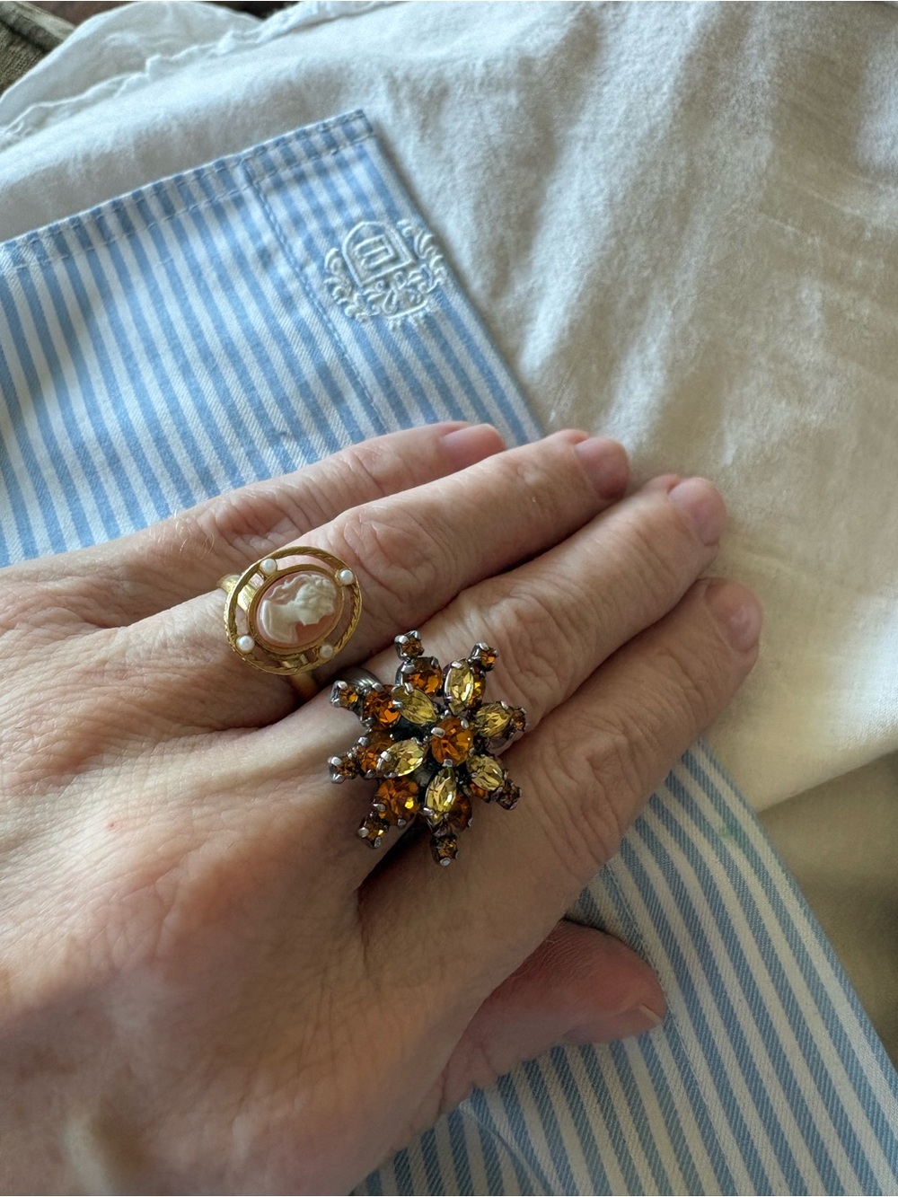 Set of two rings made from vintage clip earrings. Size adjustable.